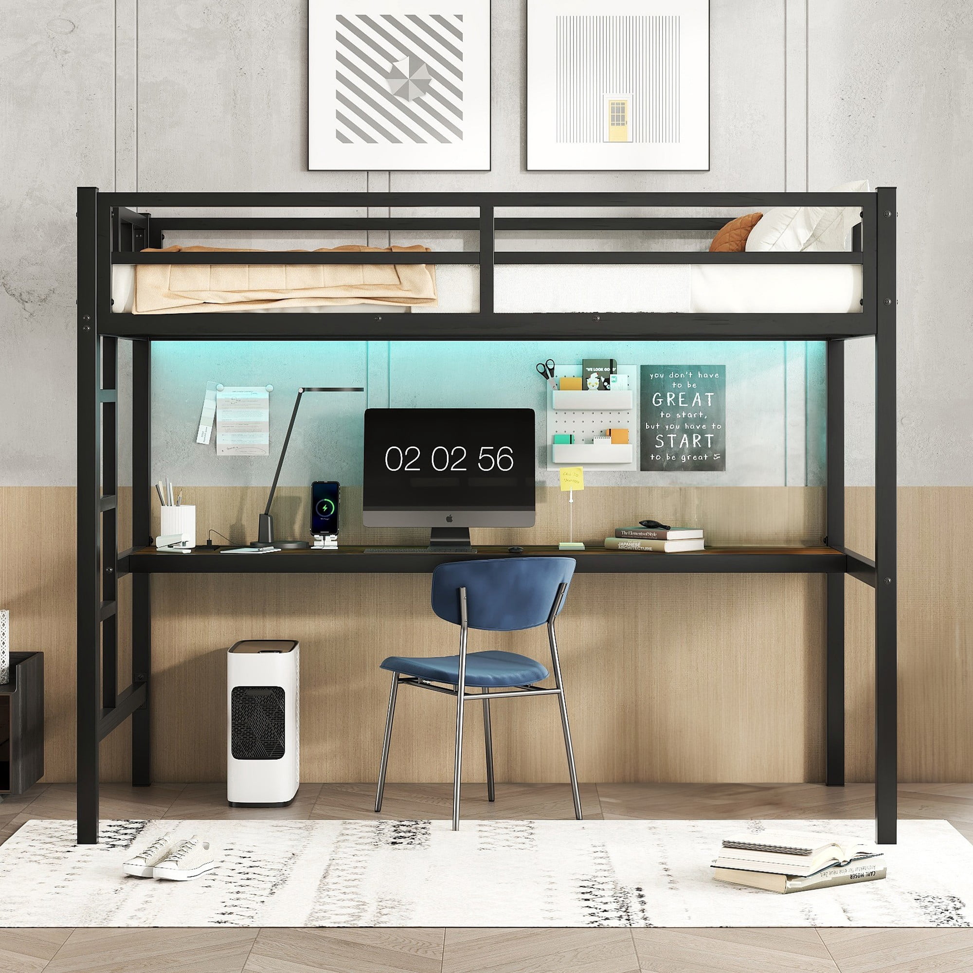 Aukfa Twin XL Metal Loft Bed with Desk, Charging Station and LED Lights for Kids, Space-Saving, Heavy Duty, Black