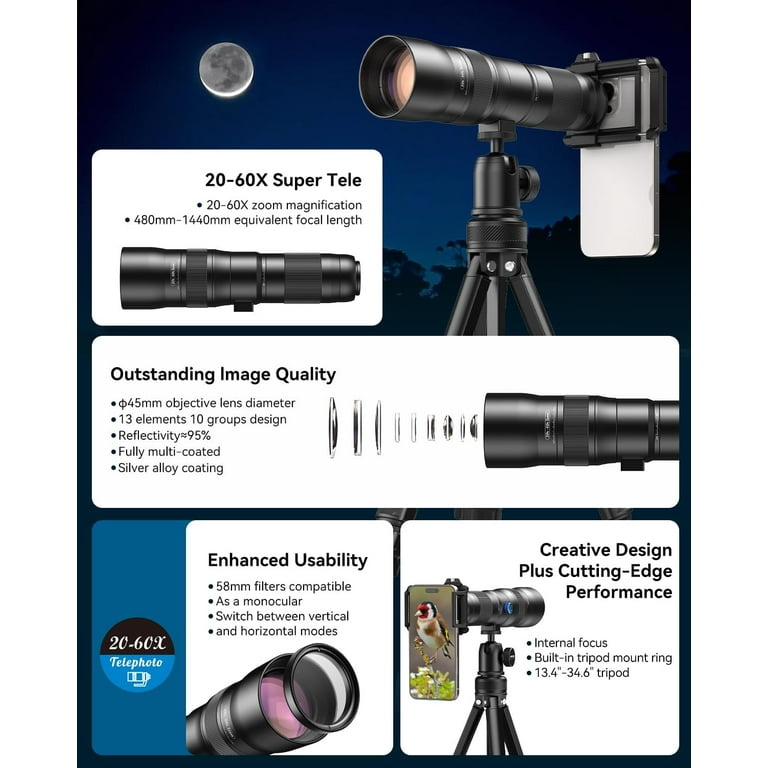 Apexel 20-60X Zoom Telephoto Lens, High Power HD Telephoto Phone