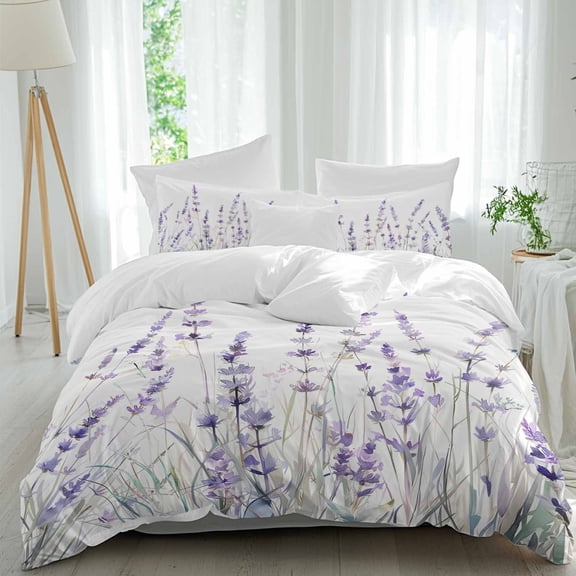 3 Piece Lavender Floral Duvet Cover Set Full Size, Microfiber Comforter/Quilt Cover with Corner Ties and 2 Pillowcases, Spring Flowers Botanical Plants All Season Soft Bedding with Zipper Closure