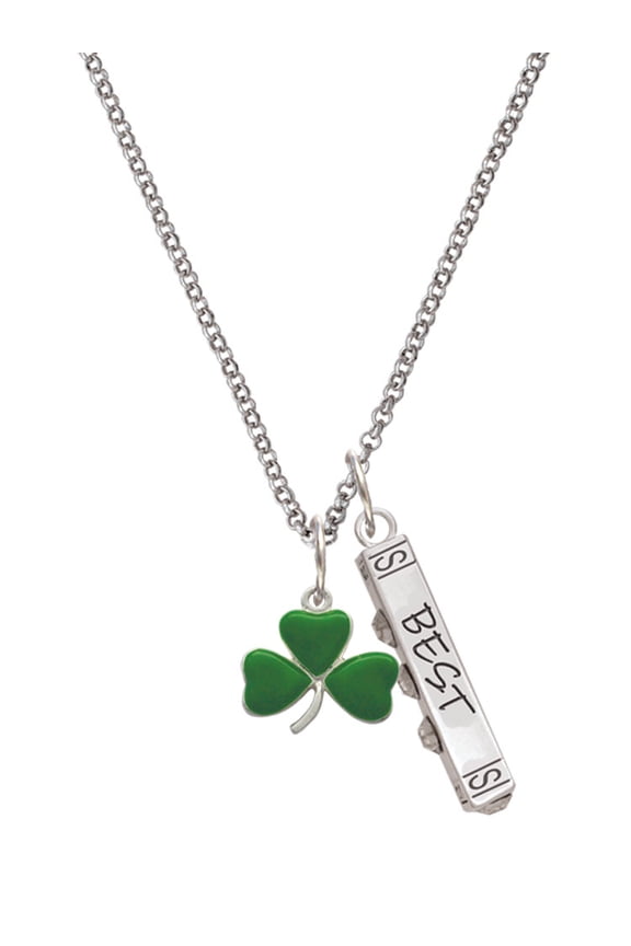 Silvertone Green Three Leaf Clover - Shamrock Silvertone Best Friends Forever Bar Charm Necklace, 23"
