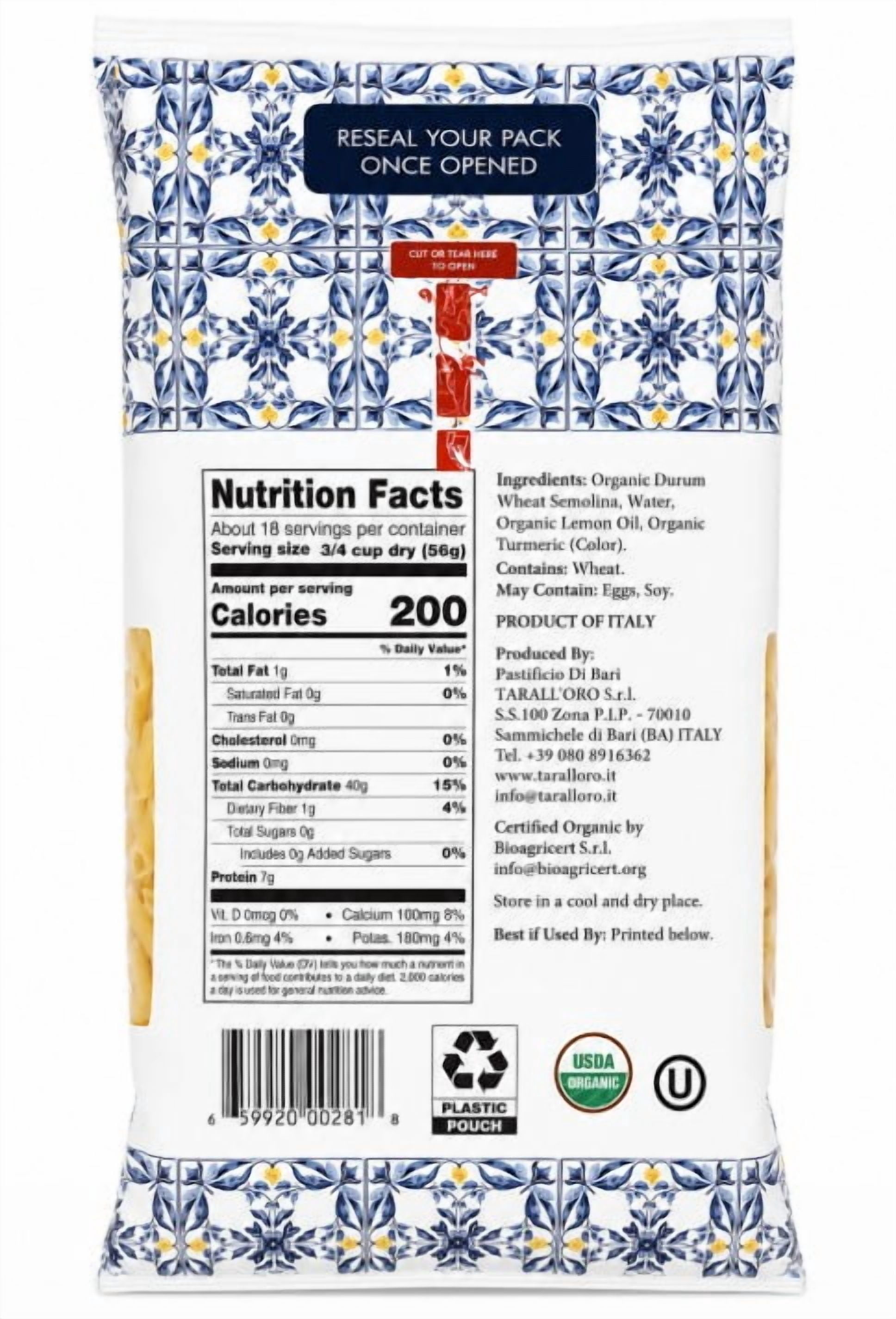 Di Bari Organic Lemon Torchietti Pasta 2.2 lb – Bronze Die Cut Italian Pasta, USDA Organic