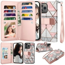 iphone 15 Pro Max Phone Case, Leather Wallet Case for Apple iphone 15 Pro Max, Ebizware Credit Card Cash Holder Folio Flip [Detachable] Kickstand Magnetic Cover & Lanyard for Women Men [Marble Pink]