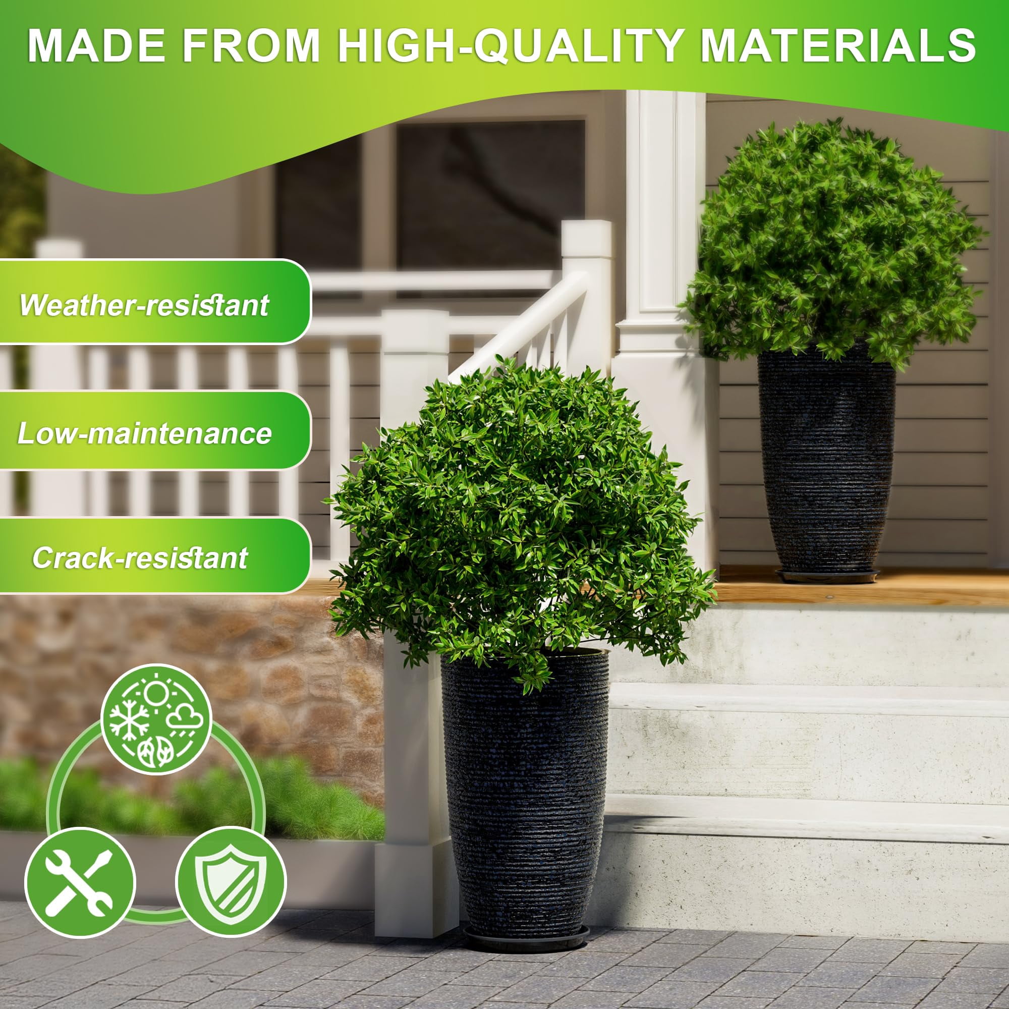QCQHDU 21 inch Tall Planters with Saucer,2 Pack 9 Gallon Stone Round Pots for Indoor Plants,Outdoor Patio & Porch Decor, Heavy Duty Weatherproof Plant Containers,Blue