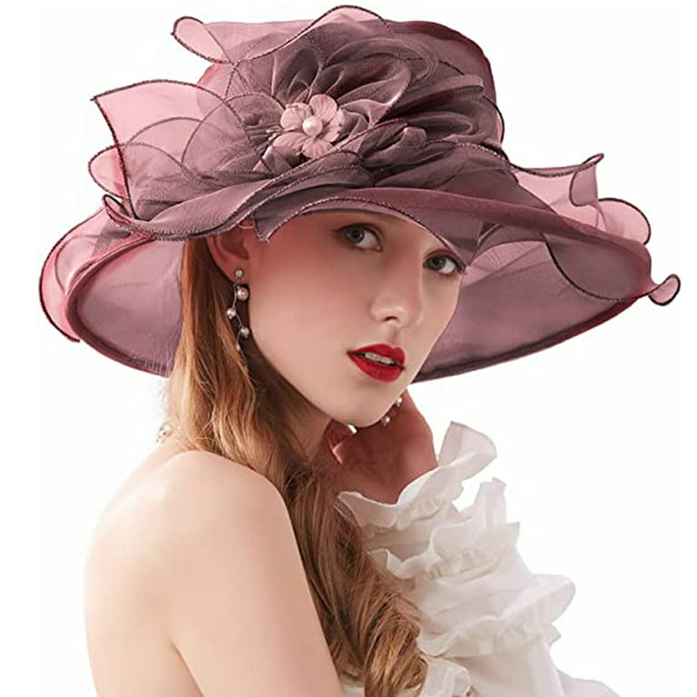 Spring Summer Organza Flower Hat for Women,Elegant Wide Brim Sun Cap Female  Wedding Church Hat,Red