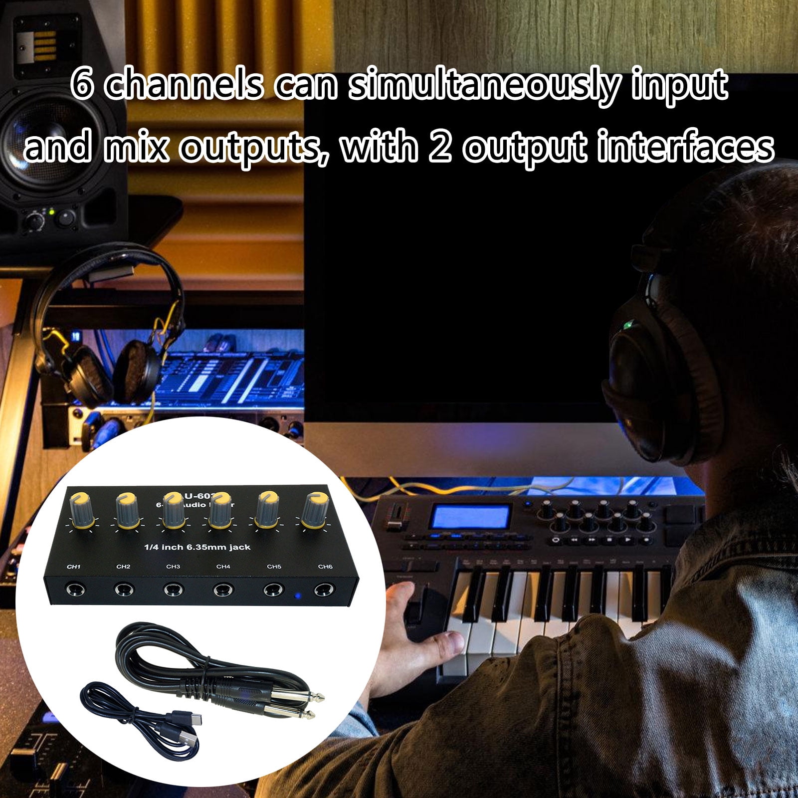 RUISINERY 6.35mm Sound Mixer Microphone Instrument Multiple Input Expander With Independently Volumes Control Builts In Battery