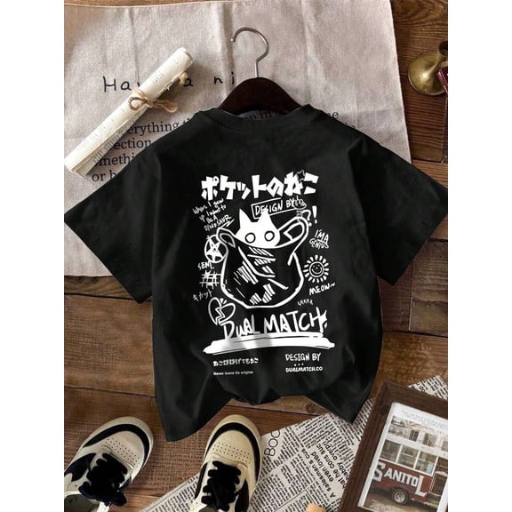 【New Arrival】Japanese Graffiti Pocket Cat Graphic T-Shirt, Back Print Anime Cartoon Crewneck Short Sleeve Tee, Unisex Casual Streetwear Top