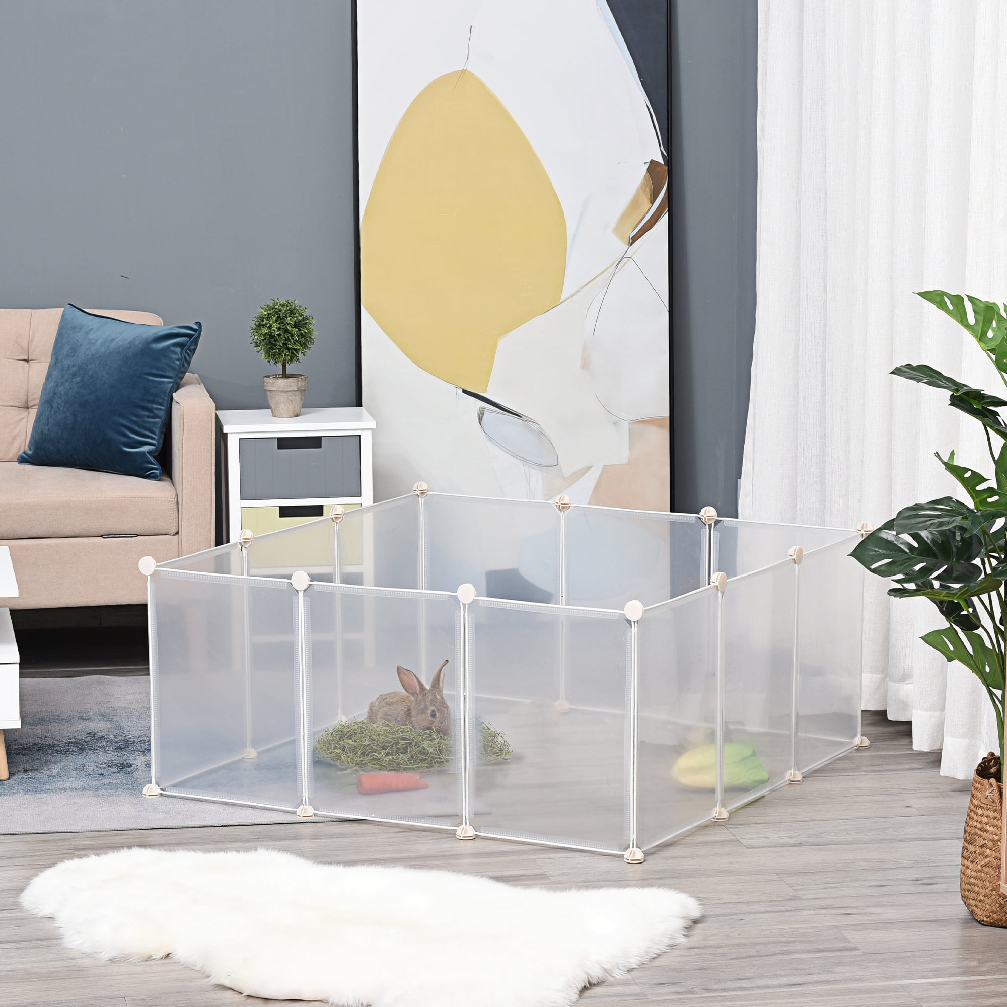 Pet Playpen, DIY Small Animal Cage Open Enclosure Portable Plastic Fence 12 Panels for Bunny Chinchilla Guinea Pig White, 18" x 14"