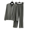 thumbnail image 7 of Women's V-Neck Loungewear Two Piece Set Loose Long Sleeve Top and Straight Leg Full Length Pants Soft Breathable Casual Pajama Set Dark Gray, 7 of 7