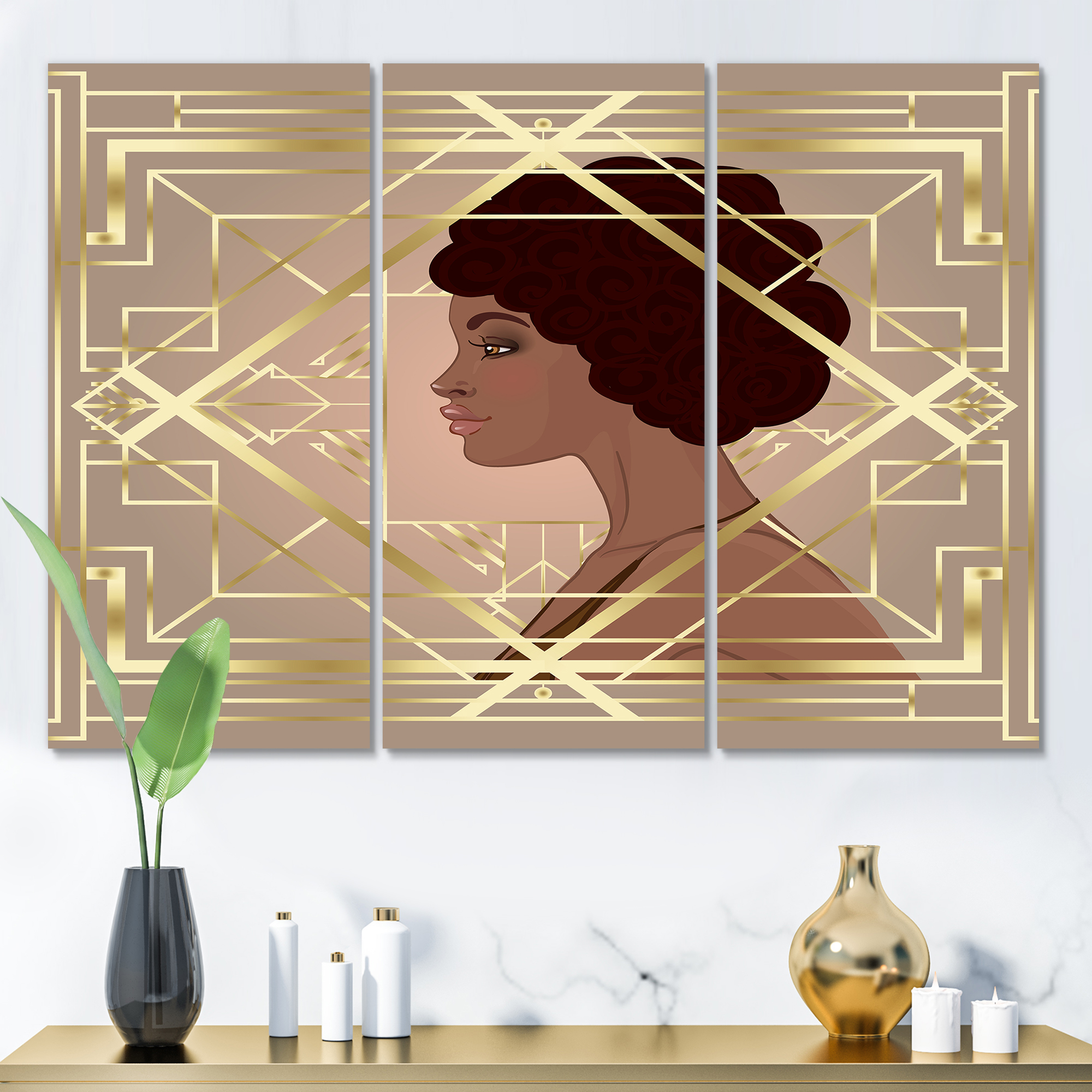 Designart ' Retro Girl In Golden Art Deco Geometrics II ' Modern Canvas Wall Art Print