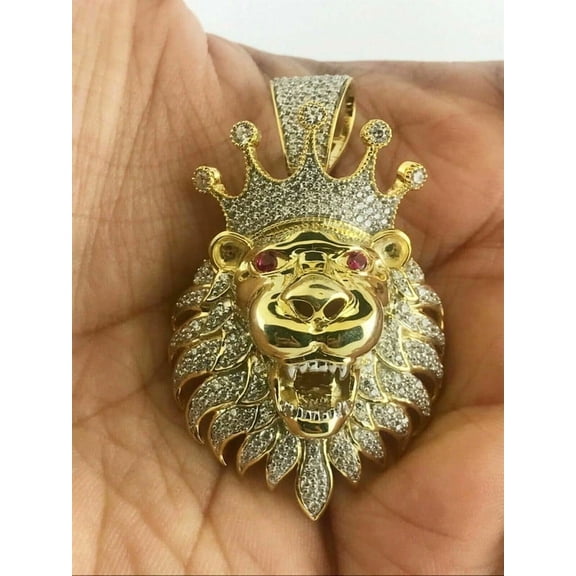 Aishvi Jewels 3CT Round Lab Created King Crown Lion Head Charm Men's Pendant 14K Yellow Gold Plated