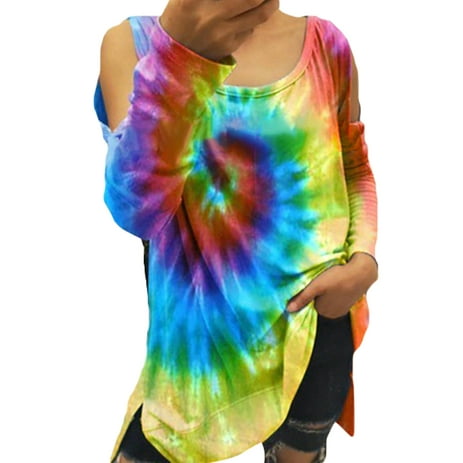 Womens Fashion Rainbow Tie Dye Tops Sexy Off Shoulder Long Sleeve T-shirt Loose Casual Tee Shirts Blouse Plus Size
