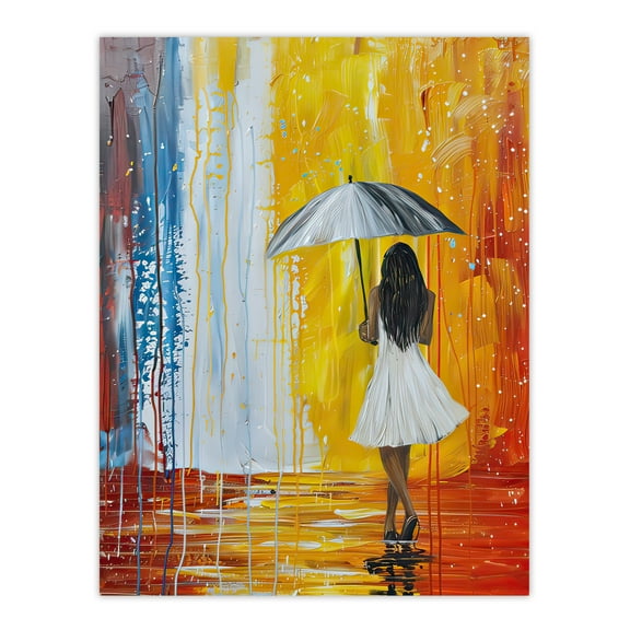 Woman with Umbrella in Rainbow Rain Modern Art Living Room Large Wall Art Poster Print Thick Paper 18X24 Inch