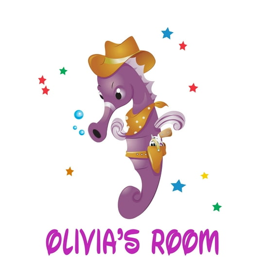Personalized Name Animal Wall Decal Seahorse in Cow Boy's Costume Custom Name Bedroom Wall Decal for boys and girls Seahorse Themed Kids Room Décor - Size: 16 In x 20 In