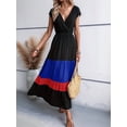thumbnail image 4 of Women Party Color Block Dress High Waist Short Sleeve Maxi V Neck Dress Casual Ruched Ruffle Hem Dress Color 3 XXL, 4 of 7