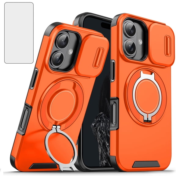 Asuwish Compatible with iPhone 16 6.1 inch Phone Case Slide Camera Cover Tempered Glass Screen Protector Stand Ring Holder Rugged Slim Cell for i Phone16 i16 16Case Women Men Orange