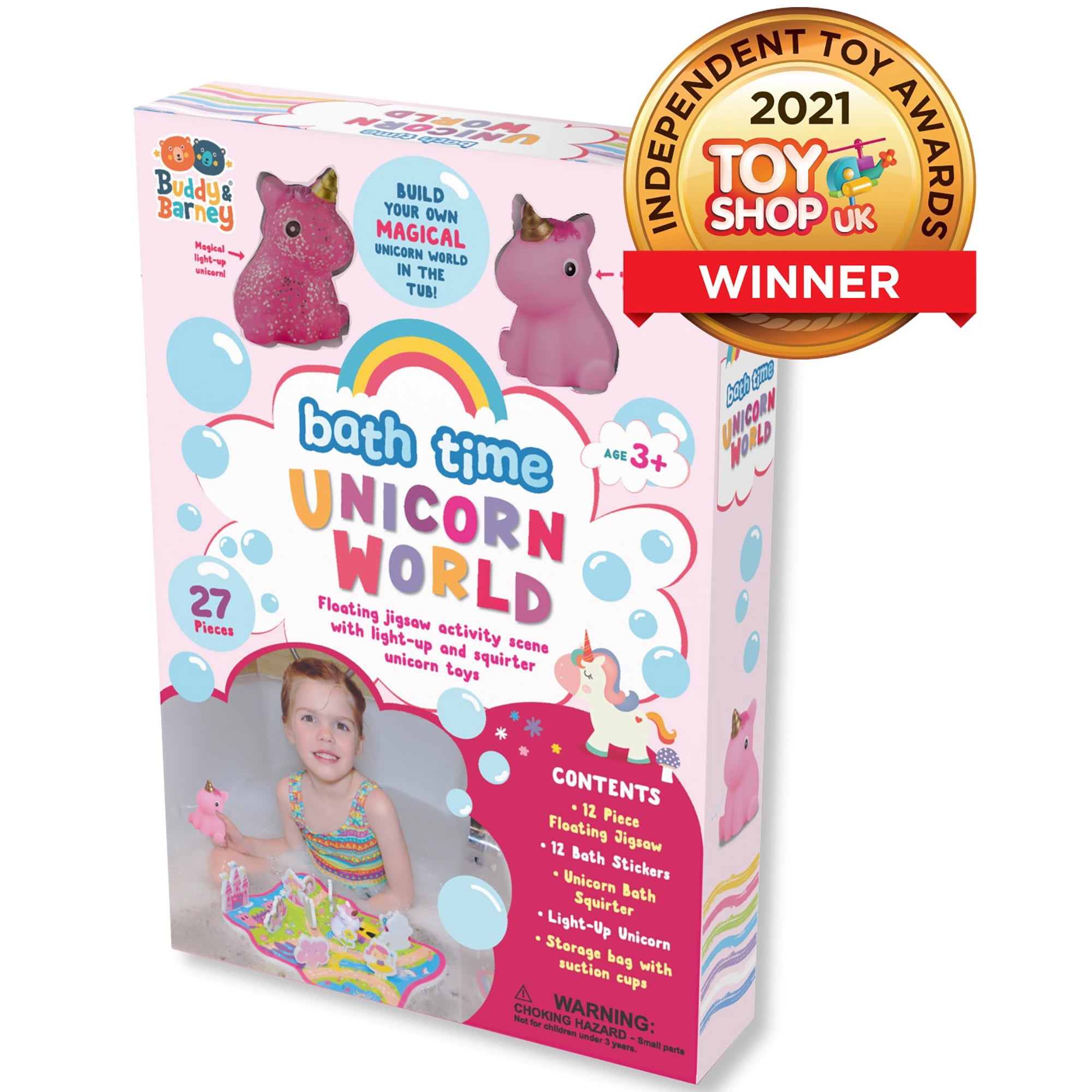 Buddy & Barney: Bath Time Unicorn World Activity Set - 27pc - Floating Jigsaw Activity Scene w/ Characters, Light-Up Unicorn, Water Squirter, Kids 3+
