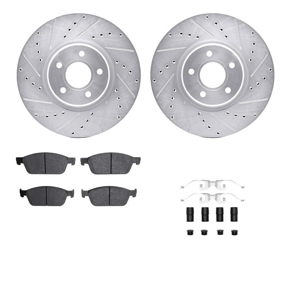 Dynamic Friction Company Front Brake Rotors-Drilled and Slotted-Silver with 5000 Advanced Brake Pads includes Hardware 7512-54225