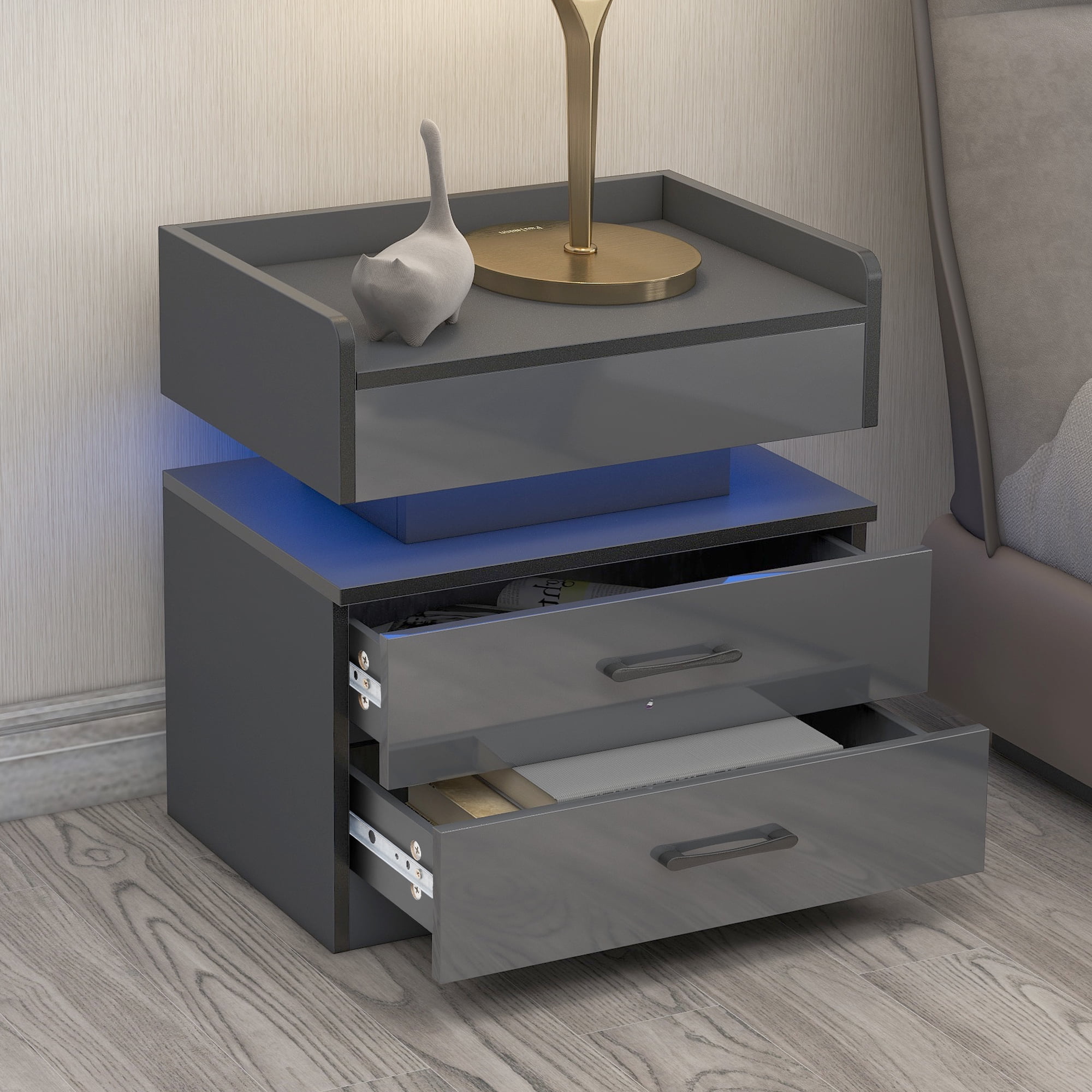 Gray Nightstand with Wireless Charging Station, Modern End Side Table with Remote Control LED