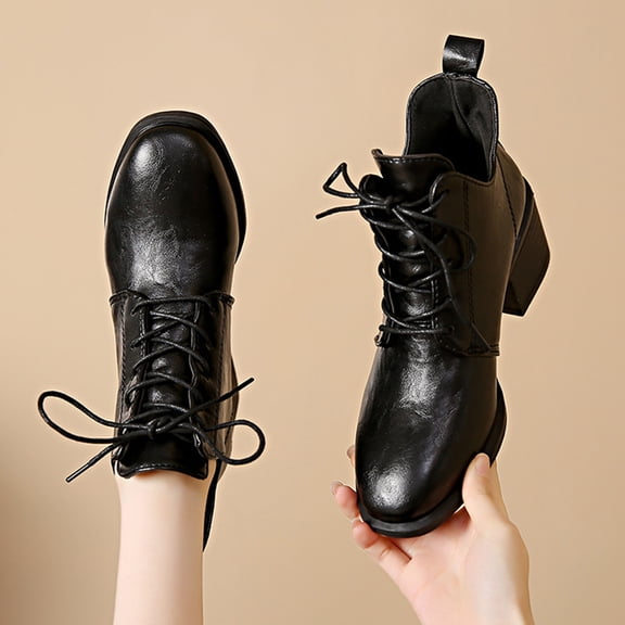 Womens Low Cut Vintage Leather Ankle Booties Front Lace Up Chunky Block Heel Square Toe Walking Boots for Travel All Season Outfits Black 43