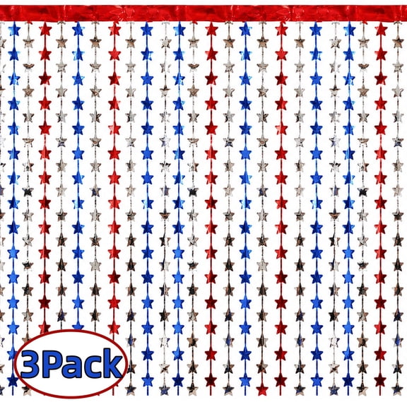 Kabuer 4th of July Decorations Patriotic Star Foil Fringe Curtain, Red White Blue Decorations  Star Streamers Tinsel for Memorial Day, 3 Pack