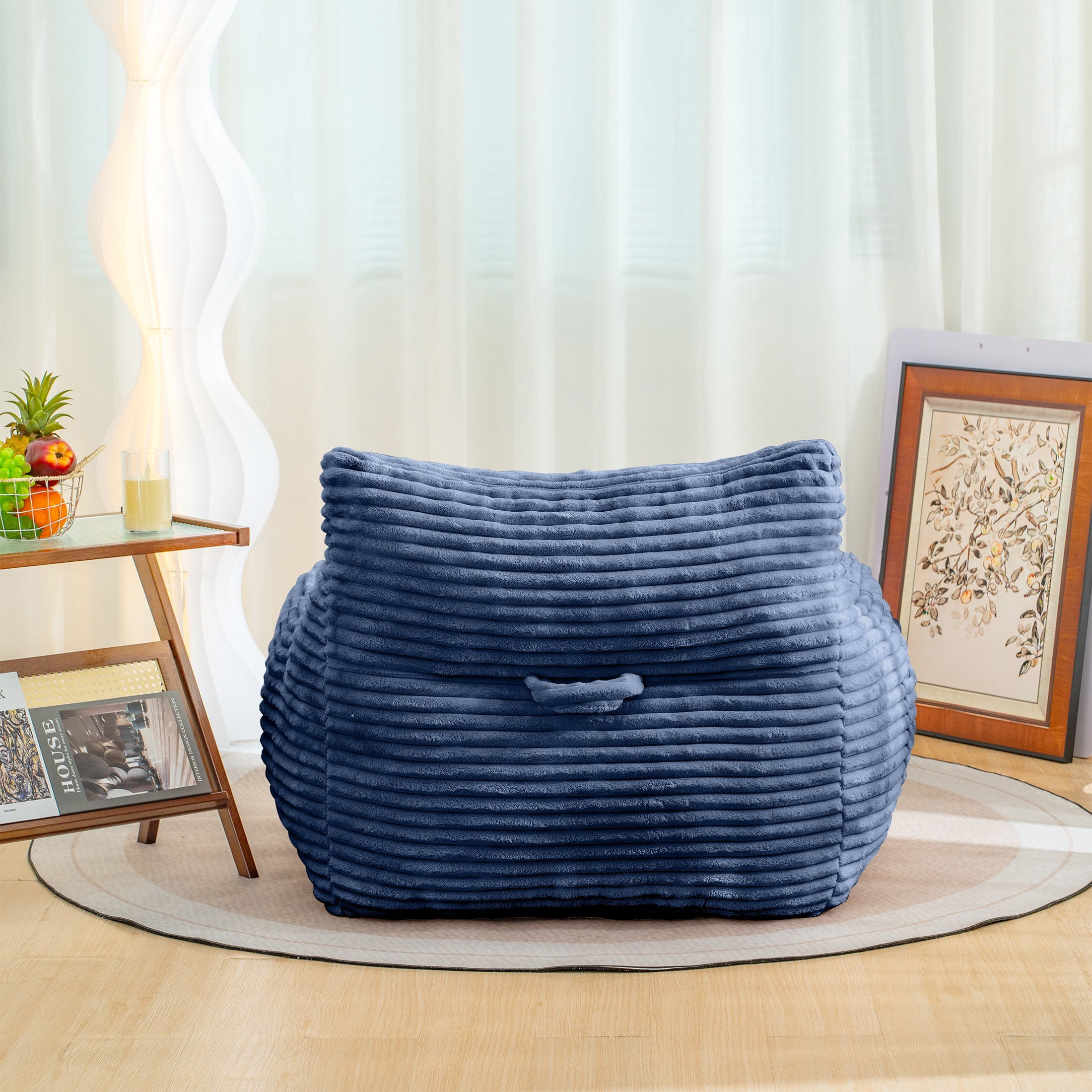 PORKISS Giant Bean Bag Chairs for Adults, Big Comfy Chair Sofa with Corduroy Fabric, Ultra Soft Lazy Floor Sofa Chair with Storage Side Pockets for Family, Blue