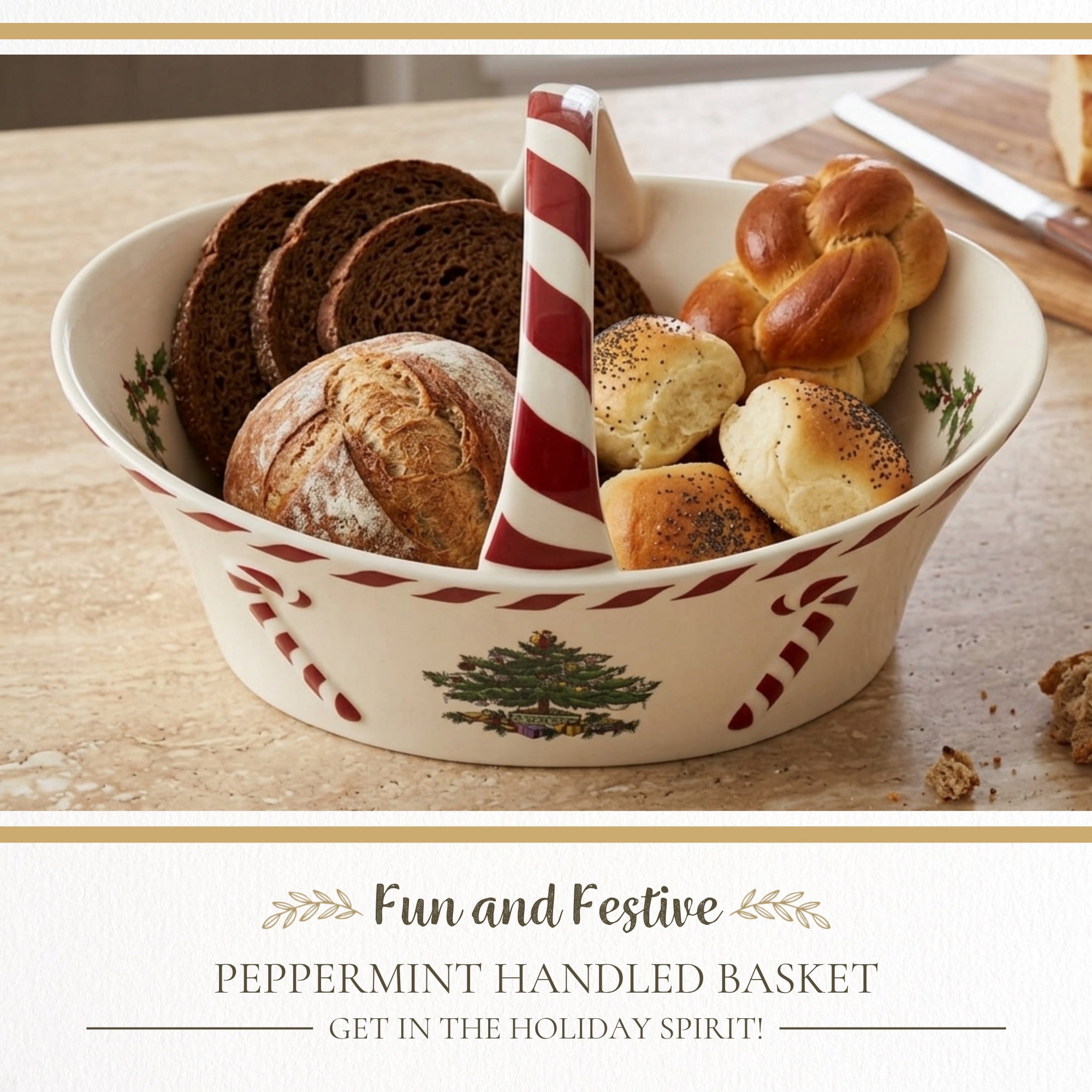 Spode Christmas Tree Candy Basket, 6.5-Inch Candy Bowl with Peppermint Handle for Holiday Snacks, Earthenware Christmas Gift, Festive Serveware & Holiday Display Bowl, Seasonal Décor