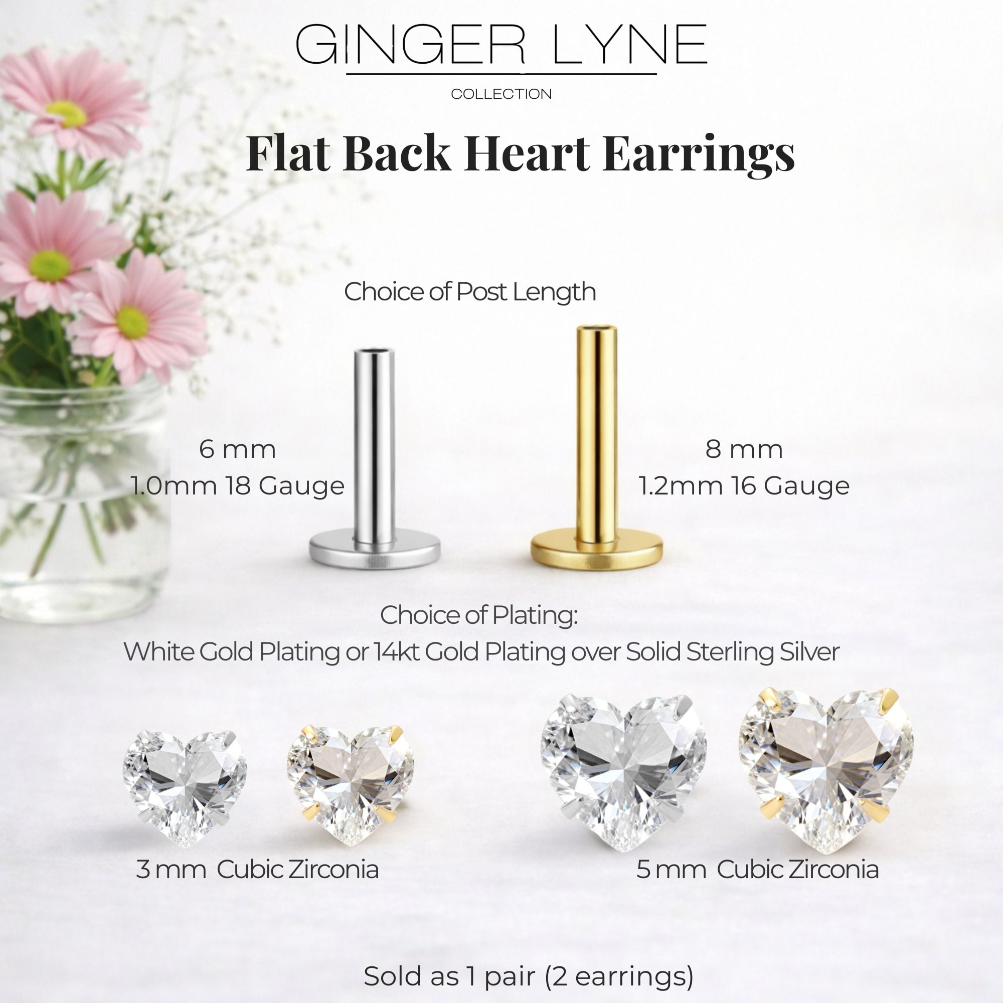 Ginger Lyne Solitaire Heart Flat Back Stud Earrings Sterling Silver Cubic Zirconia Body Jewelry