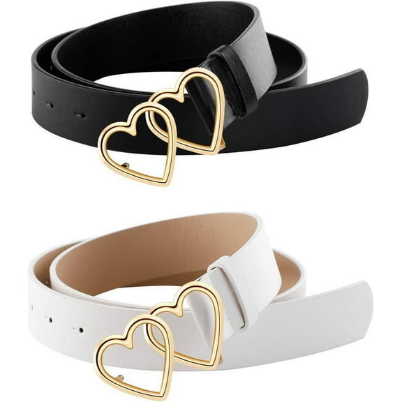 Women Leather Waist Belt Fashion Casual Jeans Belt with Double Heart Shape Buckle Dress Pants