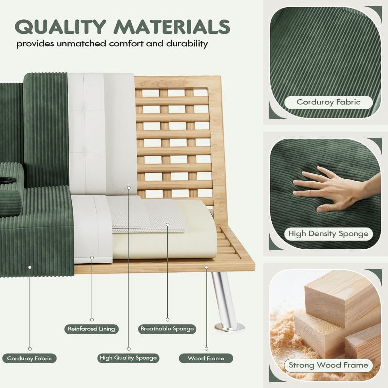 Vineego Convertible Corduroy Futon Sofa Bed with Removable Armrests,Green