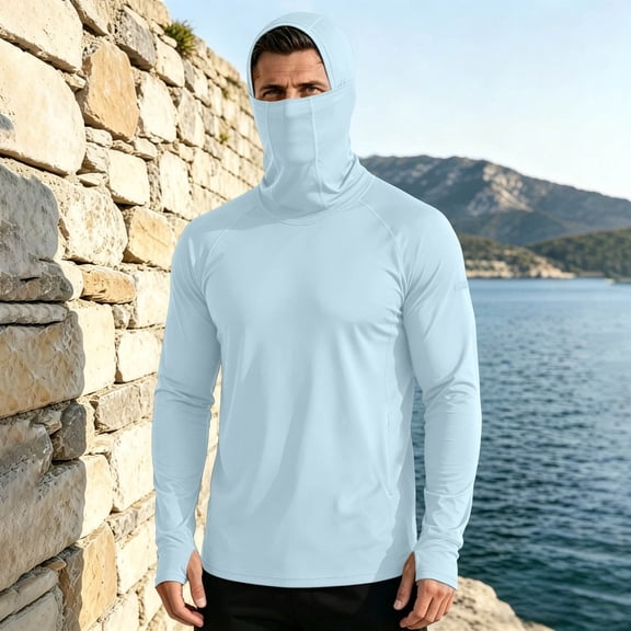 LEKWK Fishing Shirts for Men Quick Dry Long Sleeve Hooded Face Cover Slim Fit Sun Shirt Lightweight Breathable UPF 50 Protection Athletic Fishing Wear Light Blue XXXL