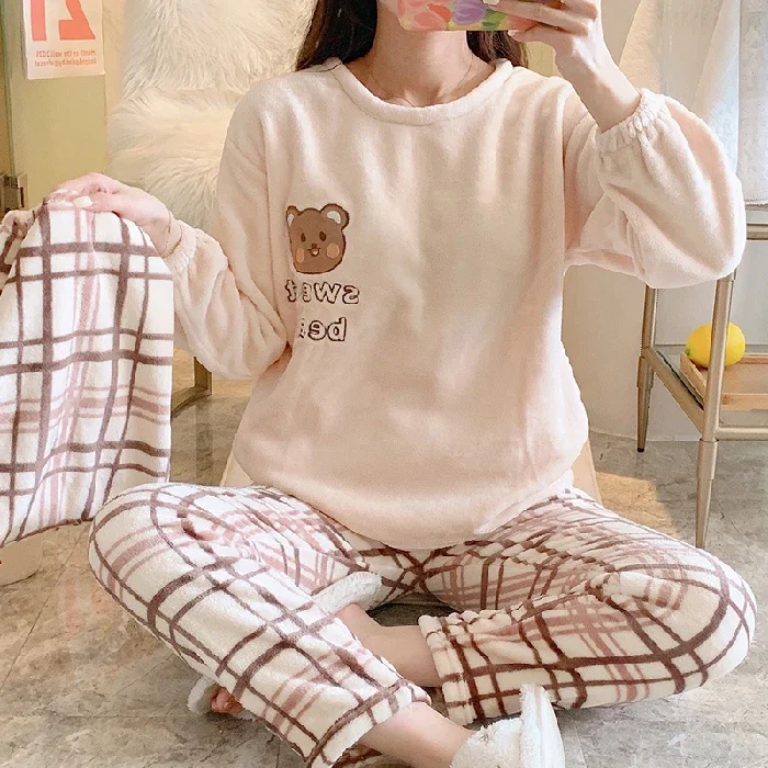 Winter Fleece Thick Women's Pajamas Set Cute Bear Plaid Long