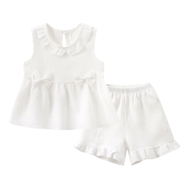 LIJCC Ensemble Décontracté d'Été pour Filles Coton Lin Sans Manches à Volants Col Rond T-Shirt et Shorts 2 Pcs (Blanc, 18-24 Mois)