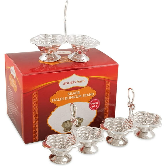 Shubhkart Pack of 3 Silver Plated Haldi Kumkum Holder Stand Set for Puja, Home, Office Décor, Diwali Gift, Festive Gift