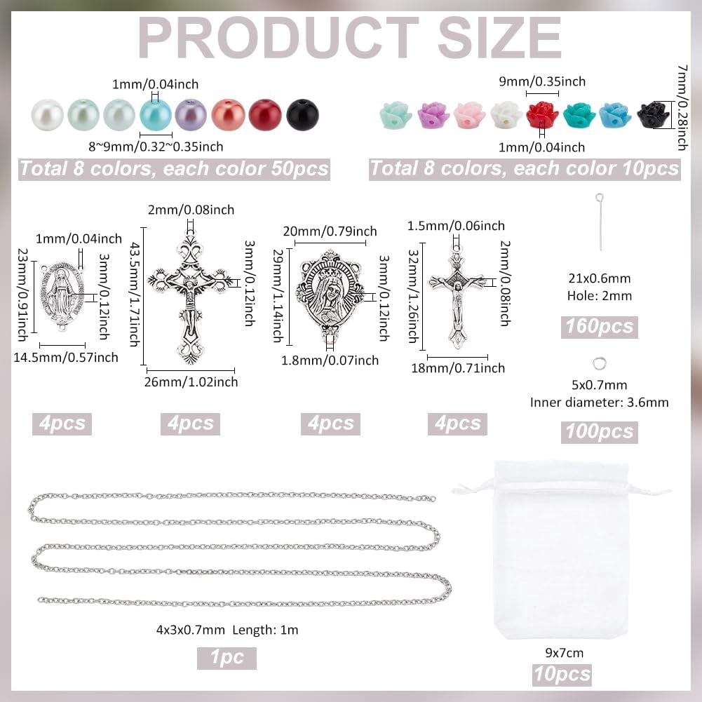 1set 767pcs Rosary Jewelry Making Kit Prayer Necklace Supplies 8mm Round Pearl Beads Cross Charms Pendants Flower Rose Beads for Rosary Bracelet Necklace Earring Easter Ramadan Jewelry Making