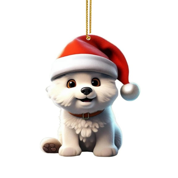 GQDIN Christmas Dog Tree Decorations Acrylic Hanging Ornament - 2D Flat Santa Hat Animal Pendant for Car Home Holiday Xmas Decor Gifts