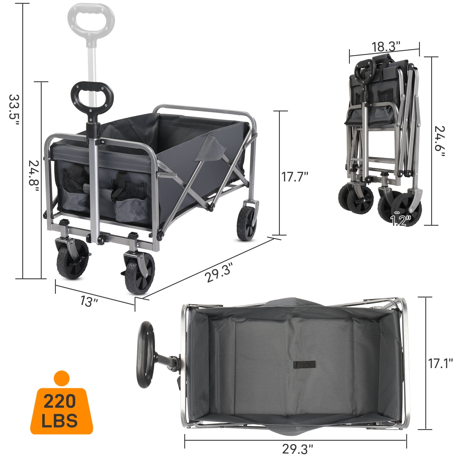 Garden Folding Cart, 600d Oxford Cloth Steel Frame Flat Folding Style Grey Cloth Silver Frame, 74.5*45.5*84cm 100kg
