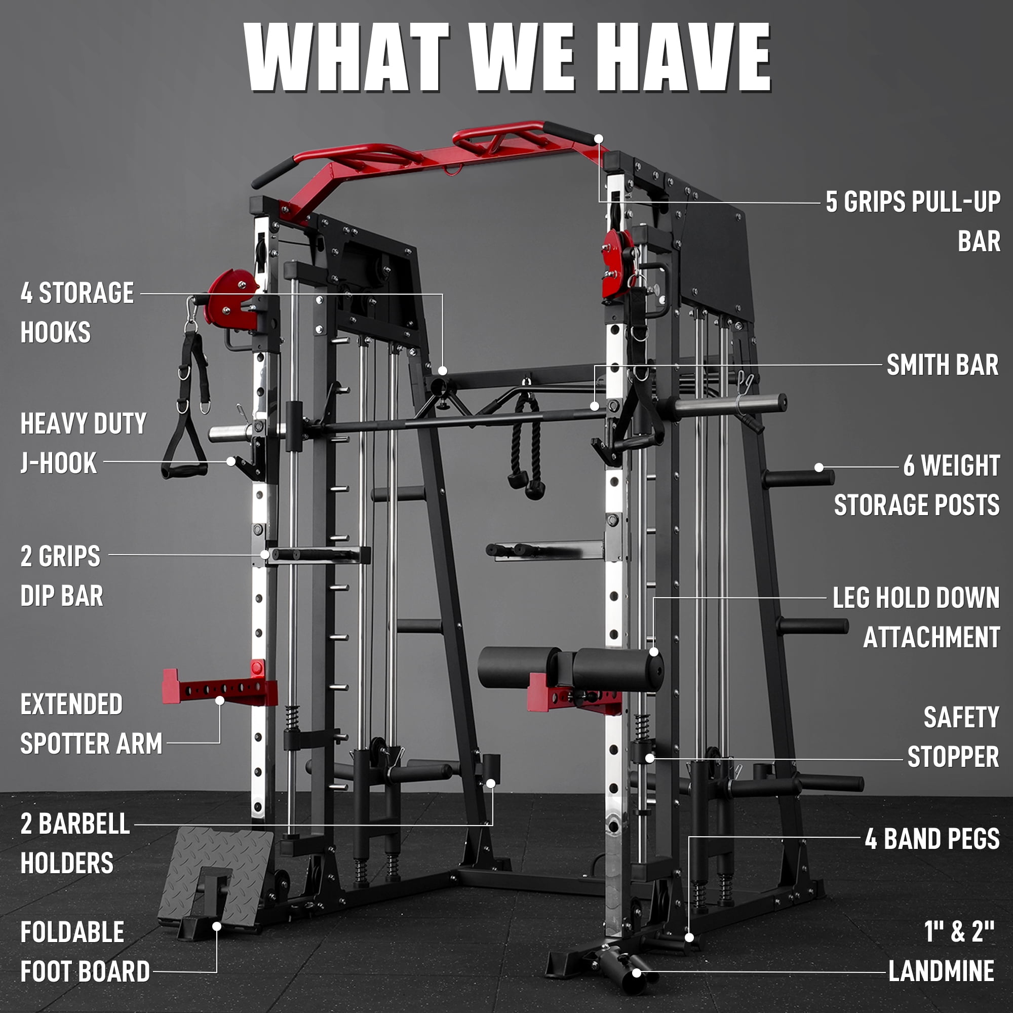 Smith Machine Home Gym, 2200 lbs Power Rack Cage with Cable Crossover, Weight Bar, 360° Landmine, Barbell Holders and Other Attachments, Total Body Strength Training Cage