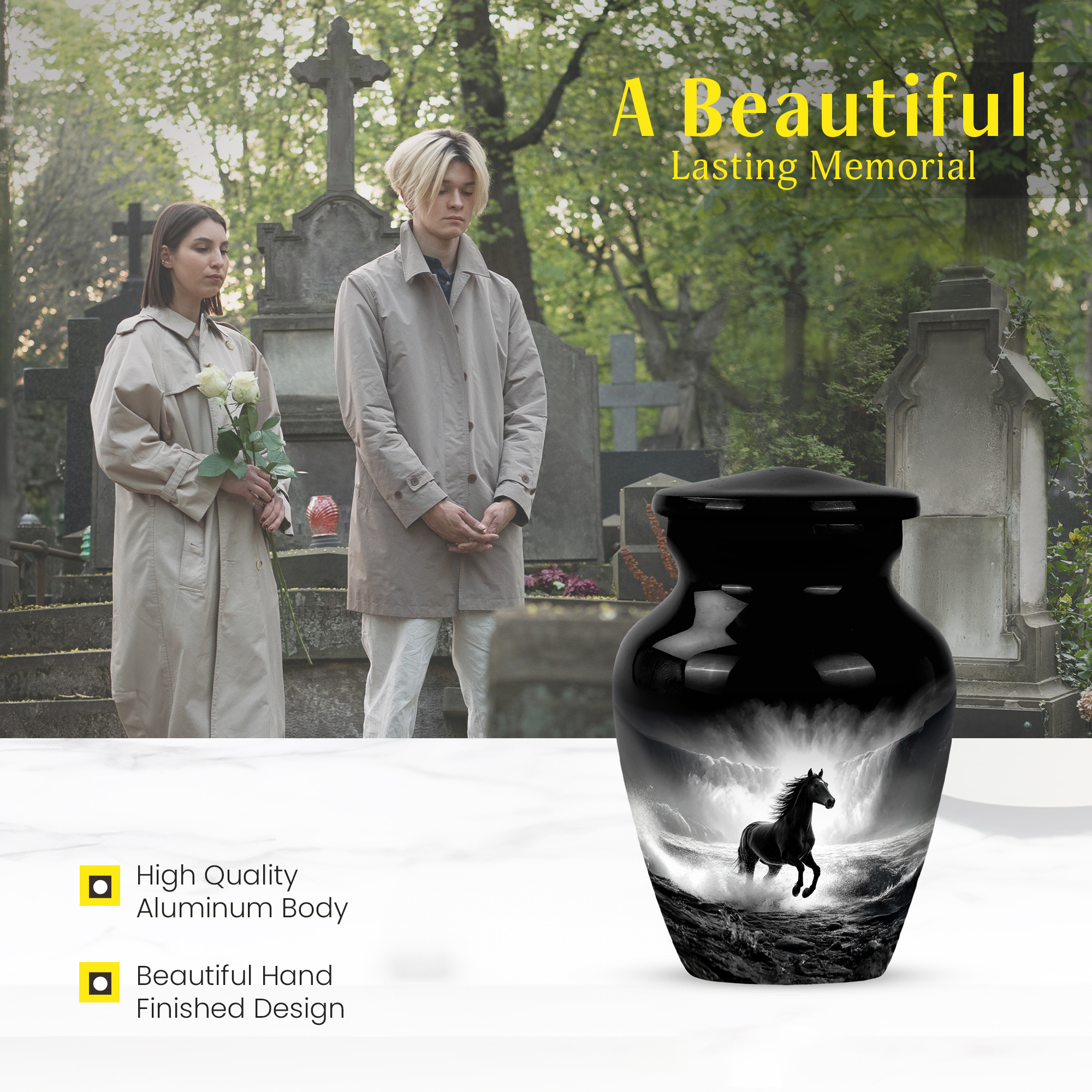 MUKTIVE Waterfall Tiny Cremation Urns for Adult Male, Mini Black Burial Urn for Ashes for Women, Keepsake Horse Memorial Decorative Funeral Ash Urns for Human, 3 Inch
