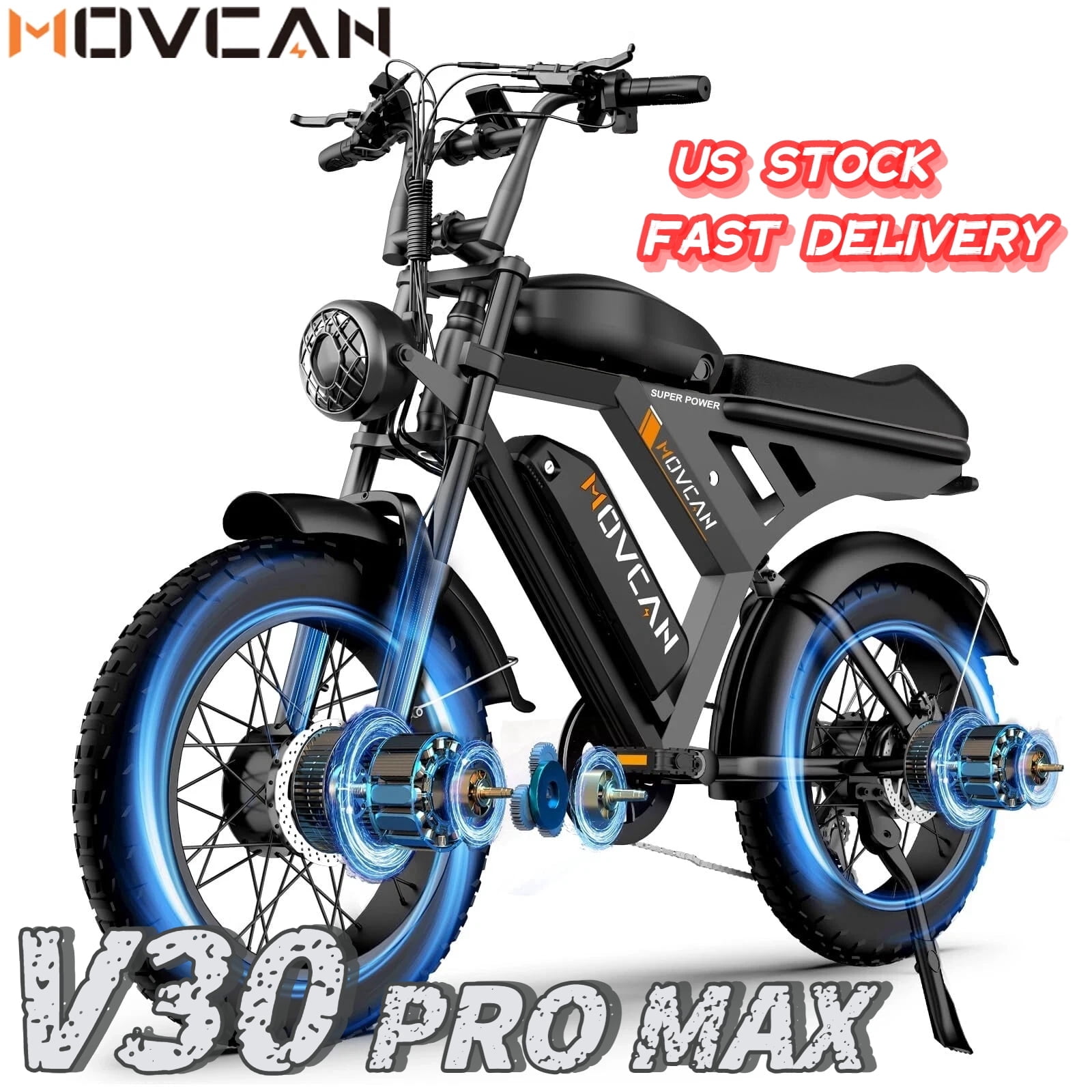 Movcan V30 PRO MAX 3000W (Peak) Dual Motor Dual Battery All Terrain Off-road Bicycles, 20" Fat Tire Electric Motorcycle Bike, Hydraulic Brakes 7-Speed Full Suspension UL2849