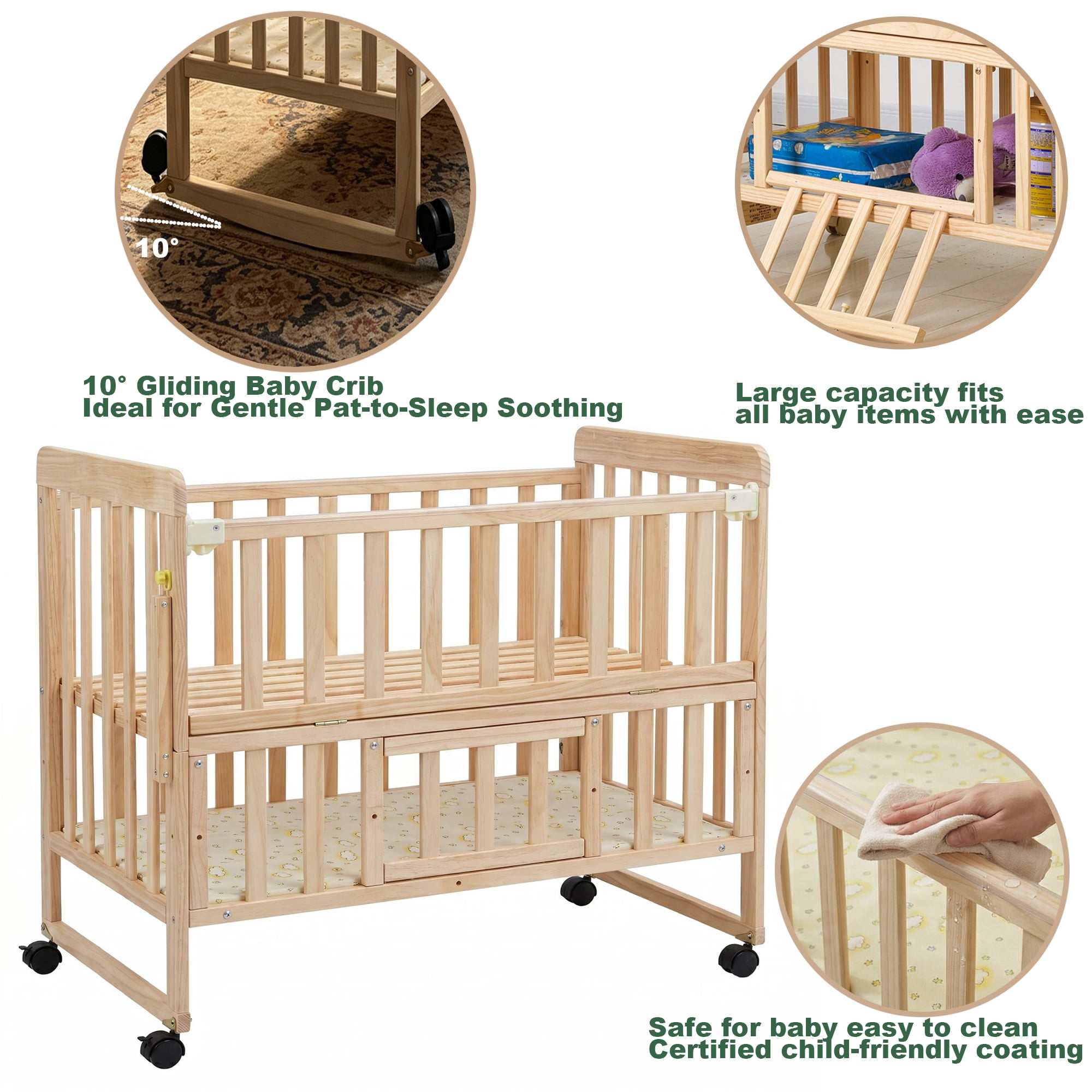 5-in-1 Convertible Baby Crib, Solid New Zealand Pine Wood, 2-Position Adjustable Mattress Base, Under-Crib Storage, Anti-Chew Guard Strips for Nursery