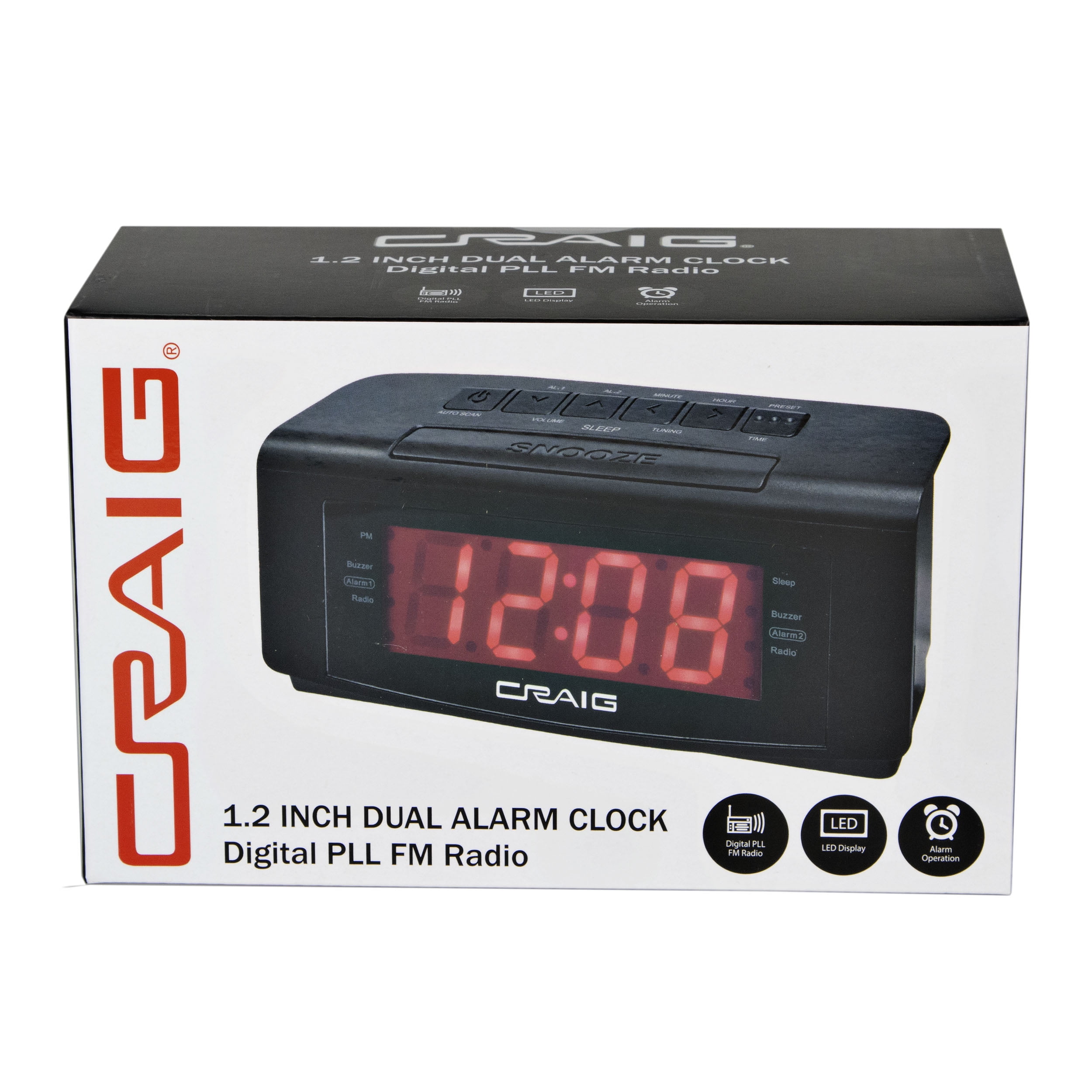 Craig Cr45372 Dual Alarm Clock With Digital Pll Fm Radio In Black 1 2 Inch Red Led Display Battery Or Ac Operated Snooze And Sleep Functionality Wired Antenna Walmart Com Walmart Com