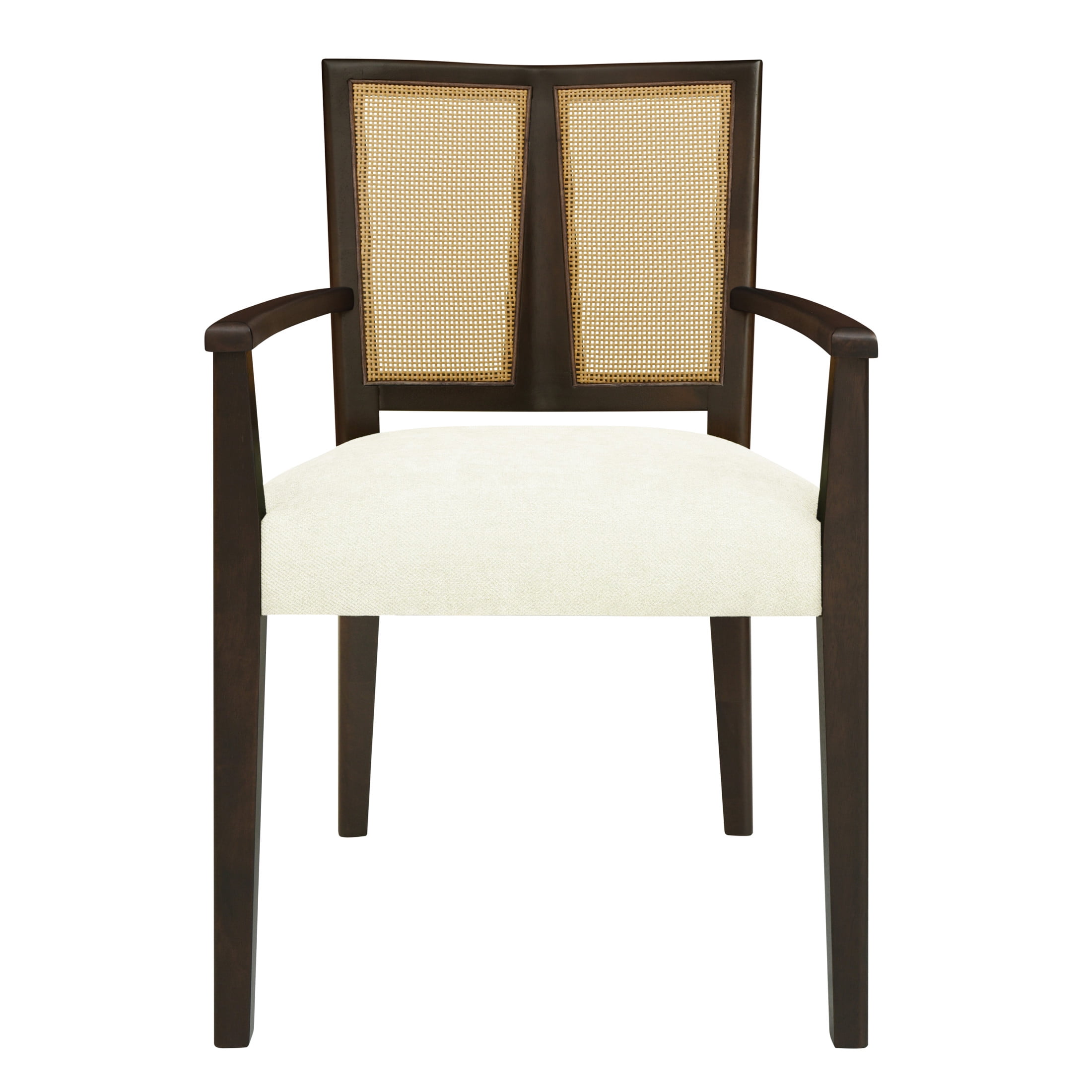 Christopher Knight Home Mid-Century Modern Rattan Dining Chairs, Upholstered Armchairs, Solid Wood, Dark Brown+Beige, Set of 2