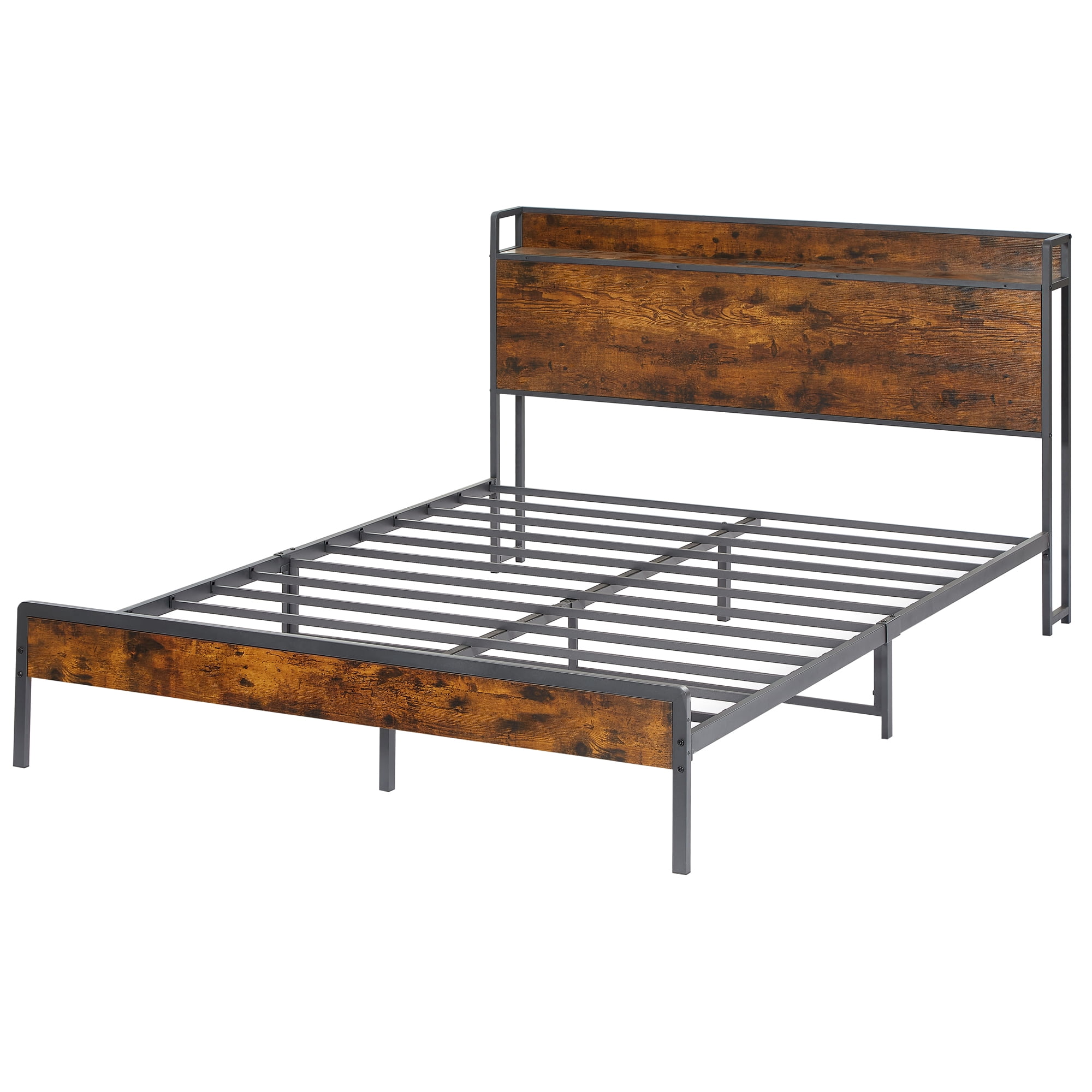 Gewnee Metal Full Size Bed Frame with Wooden Storage Headboard Shelf and Charging Ports,Rustic Brown