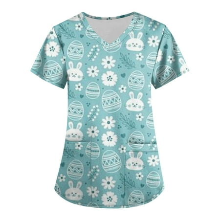 

DNDKILG Womens Holiday V Neck Uniform Pockets Professionals Nursing Scrubs Working Scrubs Top Casual Easter T Shirt 3XL
