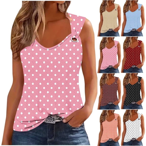 Hinvhai Womens Summer Tops Scoop Neck O Ring Shoulder Tank Tops Casual Sleeveless Polka Dot T Shirt Blouse White XL(XL)