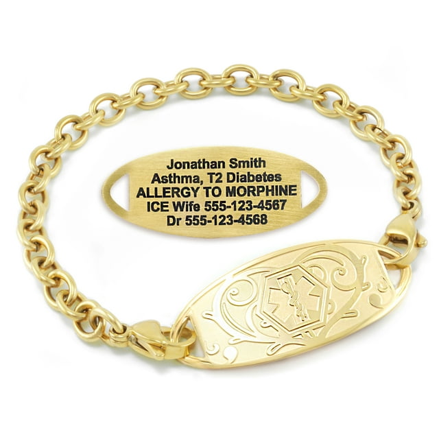 MedicEngraved Yellow Gold Stainless Steel Custom Medical Alert Bracelet - 5mm Oval Link