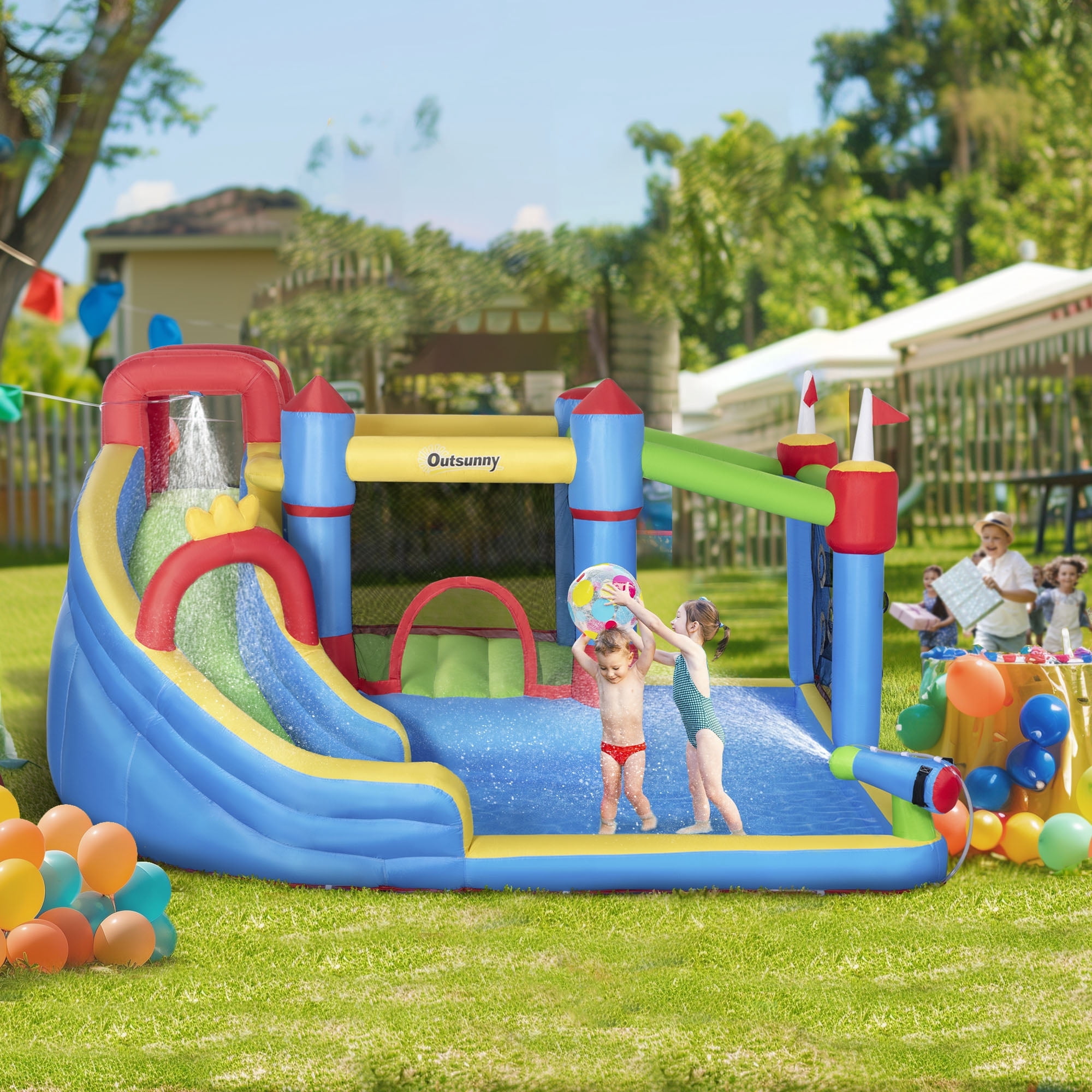 Outsunny 6-in-1 Inflatable Bounce House with Slide, Climbing Wall, Water Cannon, and More, Inflatable Water Slide for Kids with 2 Min. Inflation without Inflator
