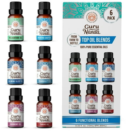 GuruNanda Essential Oils Set of 6  Blended Scents for Aromatherapy and Diffusers, 100% Pure and Natural, 10 mL Each
