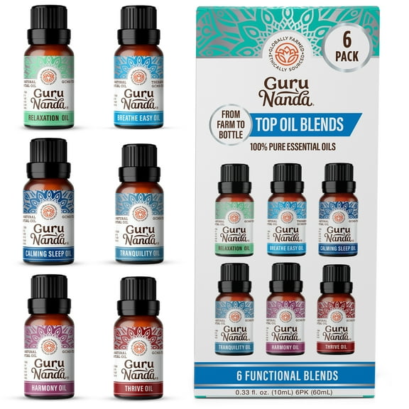 GuruNanda Essential Oils Set of 6  Blended Scents for Aromatherapy and Diffusers, 100% Pure and Natural, 10 mL Each