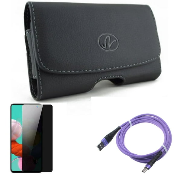 Case Belt Clip & 10ft USB Cable & Privacy Screen Protector for Samsung Galaxy S20 Fan Edition - Leather Swivel   Purple Type-C   Tempered Glass Anti-Spy Combo